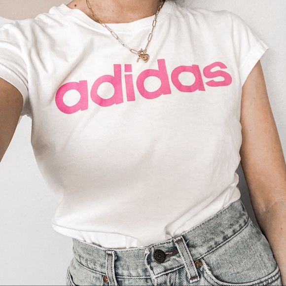 ADIDAS WHITE AND PINK FONT TEE - Picture 2 of 8